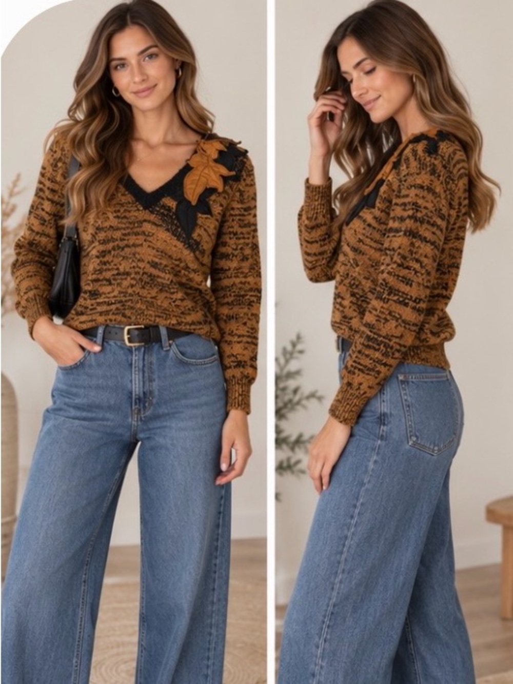 Vintage 80s Brown Black Marled Knit Leaf Applique Fall Statement Sweater XS S